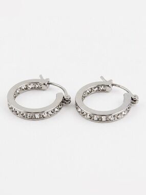 Silver Rhinestone Hoop Earrings | Small Huggie Style Sparkle Hoops